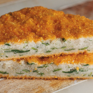 Medallones de merluza rebozados rellenos (10 unid.  Kg) Rellenos: Espinaca / Natural / Queso Roquefort / Queso mozarella / Brocoli / Tomate / Provenzal / Jamón y Queso mozarella / Primavera (choclo, arvejas, zanahoria)